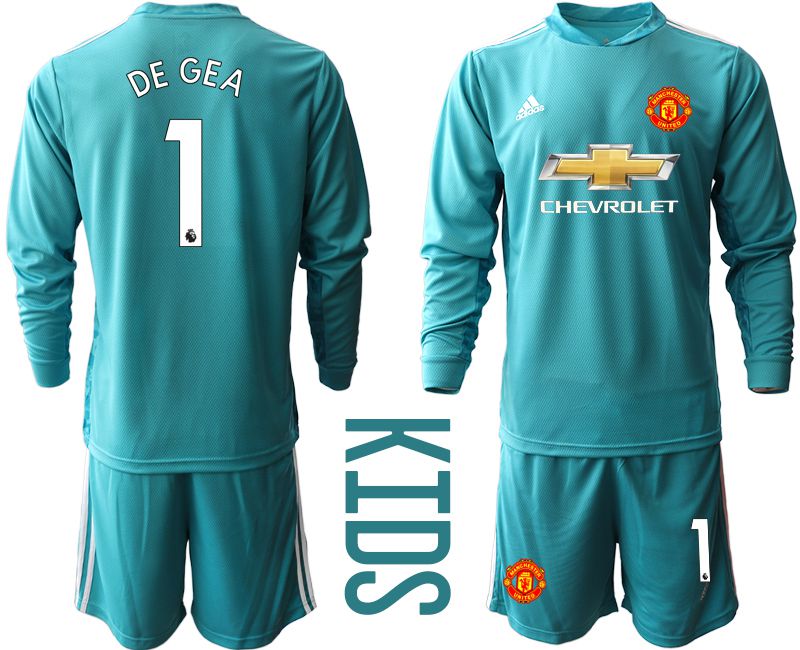 Youth 2020-2021 club Manchester United lake blue long sleeve goalkeeper #1 Soccer Jerseys